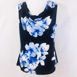 Calvin Klein Black Blue Floral Draped Sleeveless Stretch Top, Size Medium